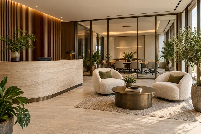 AI-generated office concept with a curved stone reception desk, lounge seating and a glass meeting room.