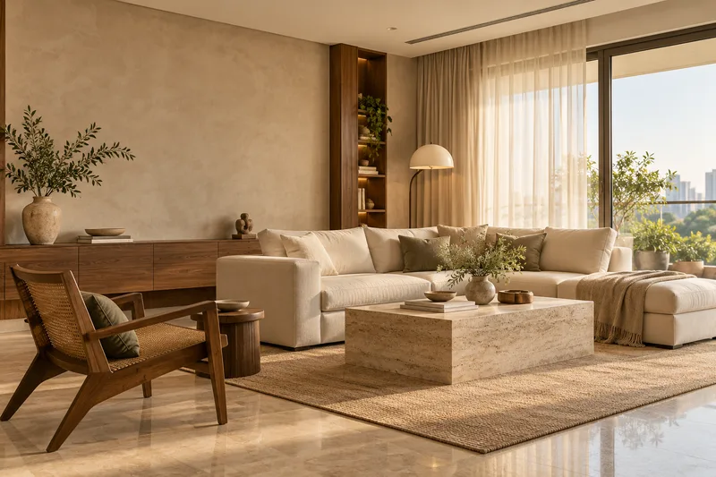 AI-generated living room concept with an ivory sofa, walnut cabinetry and a travertine coffee table.