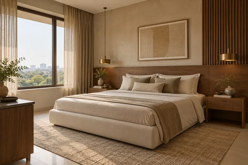 AI-generated bedroom concept with linen bedding, a walnut headboard and brass pendant lights.